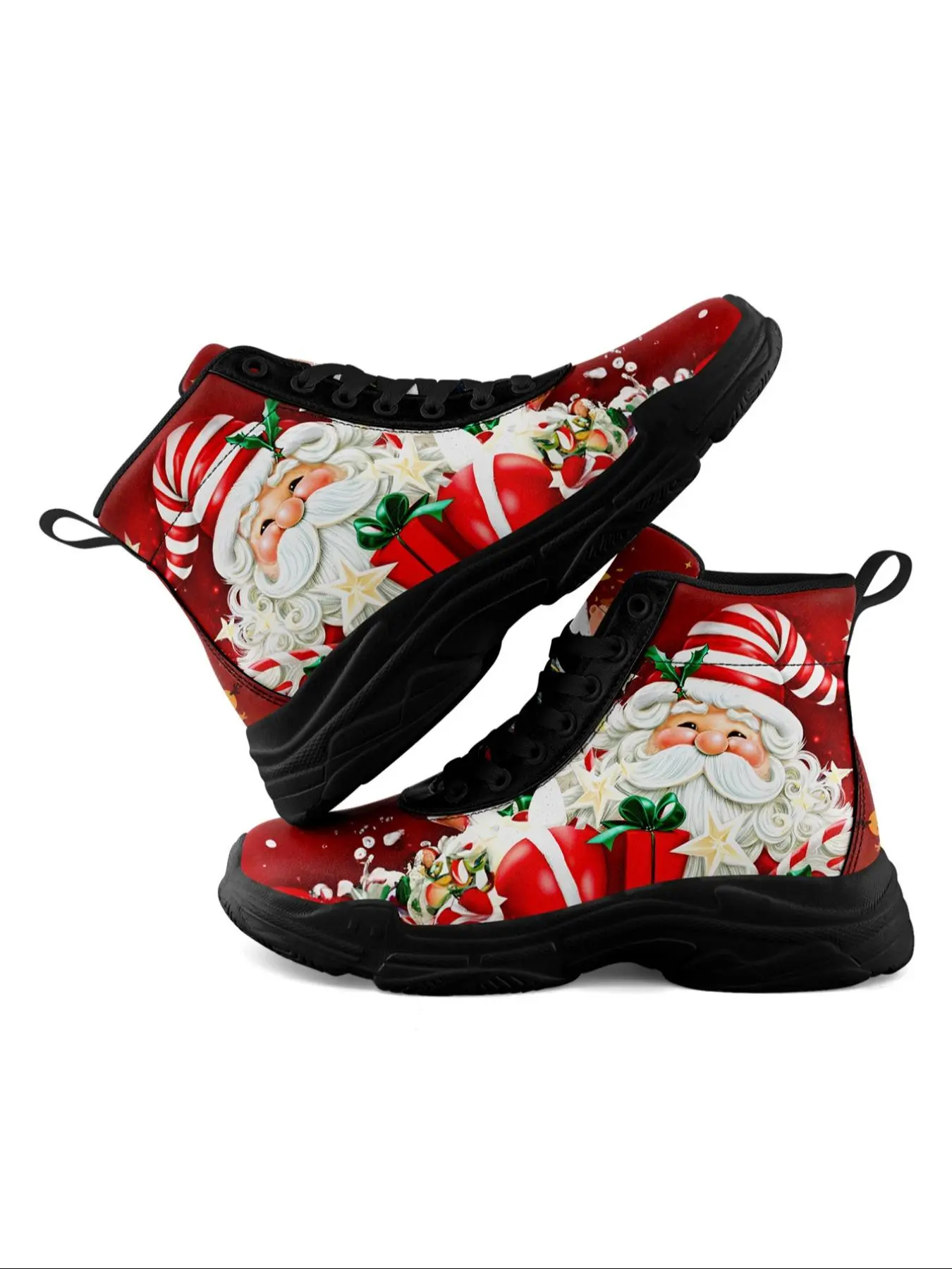 Women's Fashionable Santa Claus Print Lace Up Ankle Boots, Casual Comfortable Round Toe Boots for Fall & Winter, Female All-match Trendy Shoes for Daily Wear
