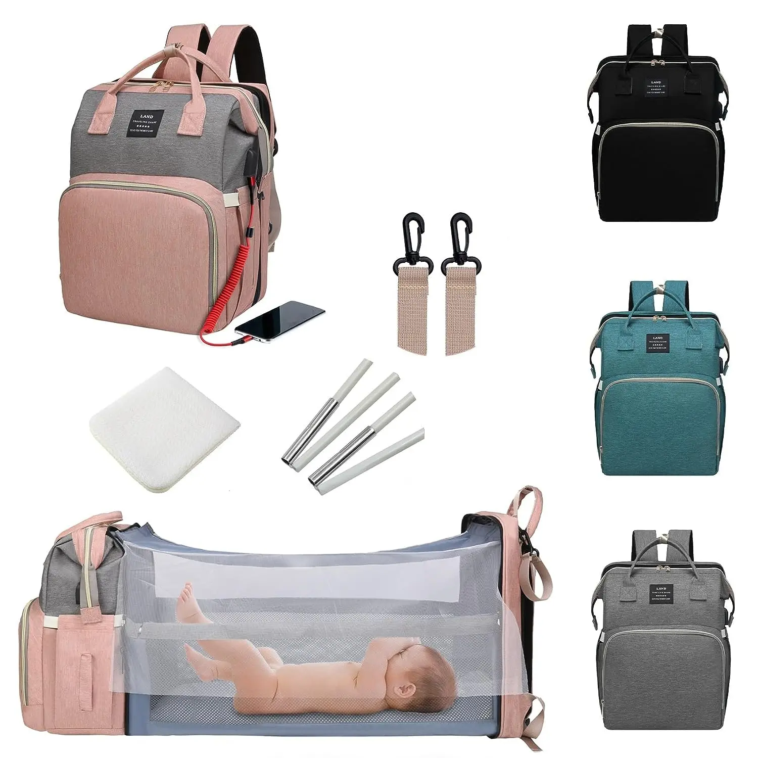 Diaper Bag with Changing Station,Diaper Bag Backpack，7 in 1 Travel Baby Diaper Bag,Mommy Bag with USB Charging Port (Pink-Grey) ANWTOTU