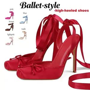 Women’s Satin Ankle Strap Heels Square Toe Stiletto Heel Bow Accent Slingback Lace Up Bridal Party Prom Wedding Guest Footwear