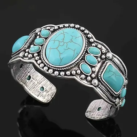 Bohemian Style Faux Turquoise Open Bracelet, Vintage Ethnic Wind Simple Unique Women's Party Vacation Bracelet, Stackable Bracelets, Boho Style Jewelry