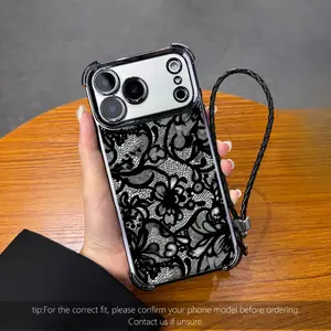 Black Lace Print Shockproof Phone Case with Hand Strap / Fits iPhone 17 ProMax / 16 ProMax / 15 ProMax / Galaxy S26 Ultra / Galaxy S25 Ultra / Galaxy S24 Ultra