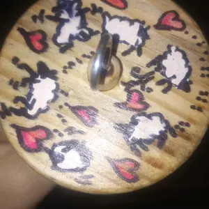 #8017- 3" Adjustable top/bottom whorl drop spindle with hand painted  with whimsical tiny sheep and tiny hoofprints, hearts