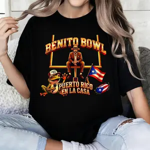 100% Cotton Black T-Shirt Benito Bowl Puerto Rico Enlacas Flag and Frog Pattern Print Casual Unisex Street Fashion Top