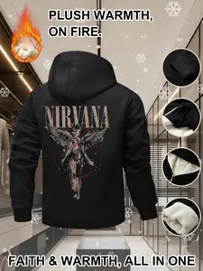 Men's Sherpa-Lined Full-Zip Hoodie, Nirvana Dark Angel Graphic, Grunge Rock Streetwear Jacket, Gothic Printed Hoodie