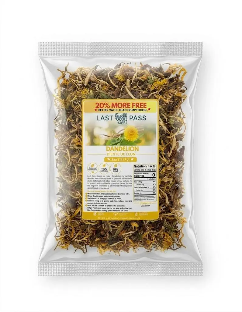 LAST PASS Organic Dandelion Non-Caffeinated Traditional Herbal Tea, 4oz Dried Herb Packaged Beverage