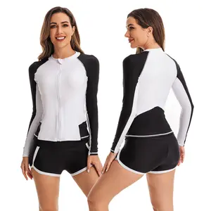 Women split boxer surfing suit women's swimsuit long-sleeved swimsuit zipper cardigan women's tankini flower