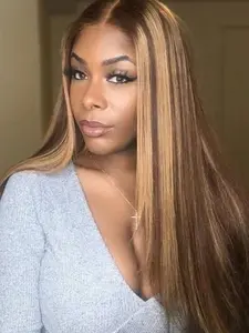Highlight Gradient Color 5x5 Straight Lace Front Premium Human Hair Wig, 180% Density Honey Gold, No Glue, Pre-Trimmed, Ready to Wear, Women's Wig, Glueless Frontal Wig