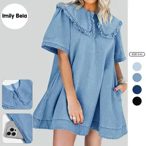 Imily Bela Womens Summer Denim Mini Dress Oversized Peter Pan Collar Short Sleeve Casual Flowy Babydoll Jean Dresses SpringStatements