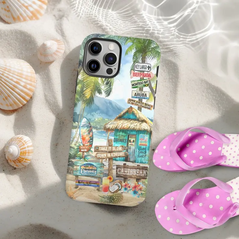 Collage Phone Case, Summer Phone Case ,Blue Beach Themed Caribbean Travel Case ,Preppy Phone cover For iPhone
