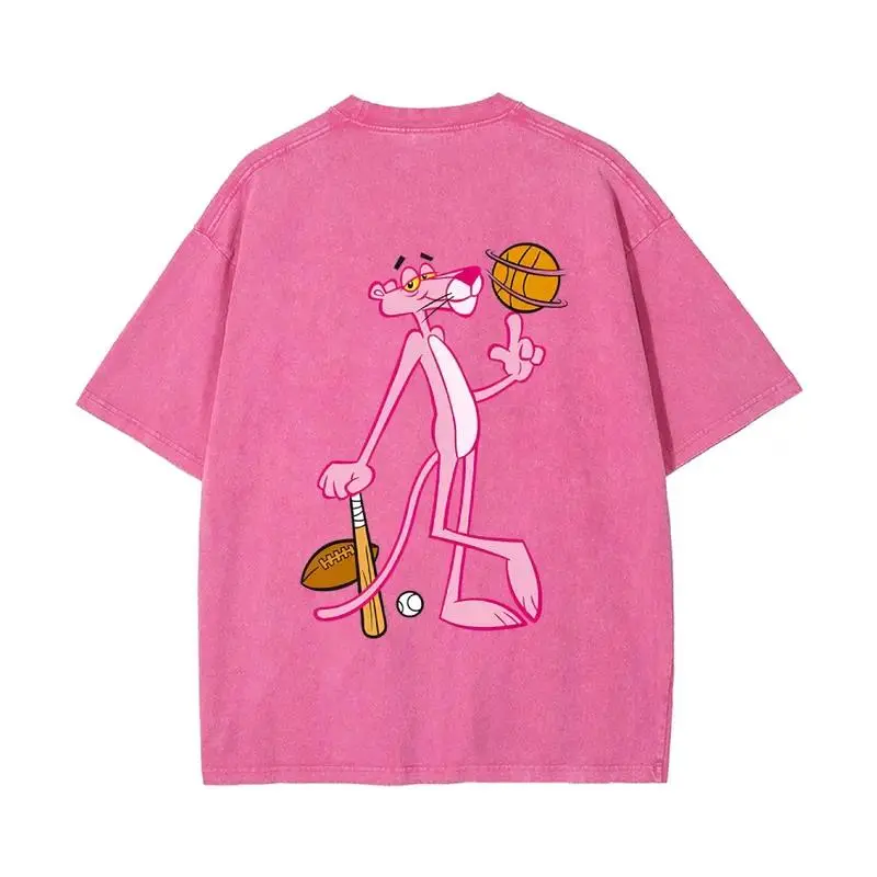 Retro Y2K Streetwear Style with Pink Panther & Baseball Print Washed T-Shirt Round Neck Short Sleeve Casual Summer Top Machine Washable Unisex Tee Men's & Women's 230GSM Heavyweight Cotton T-Shirt