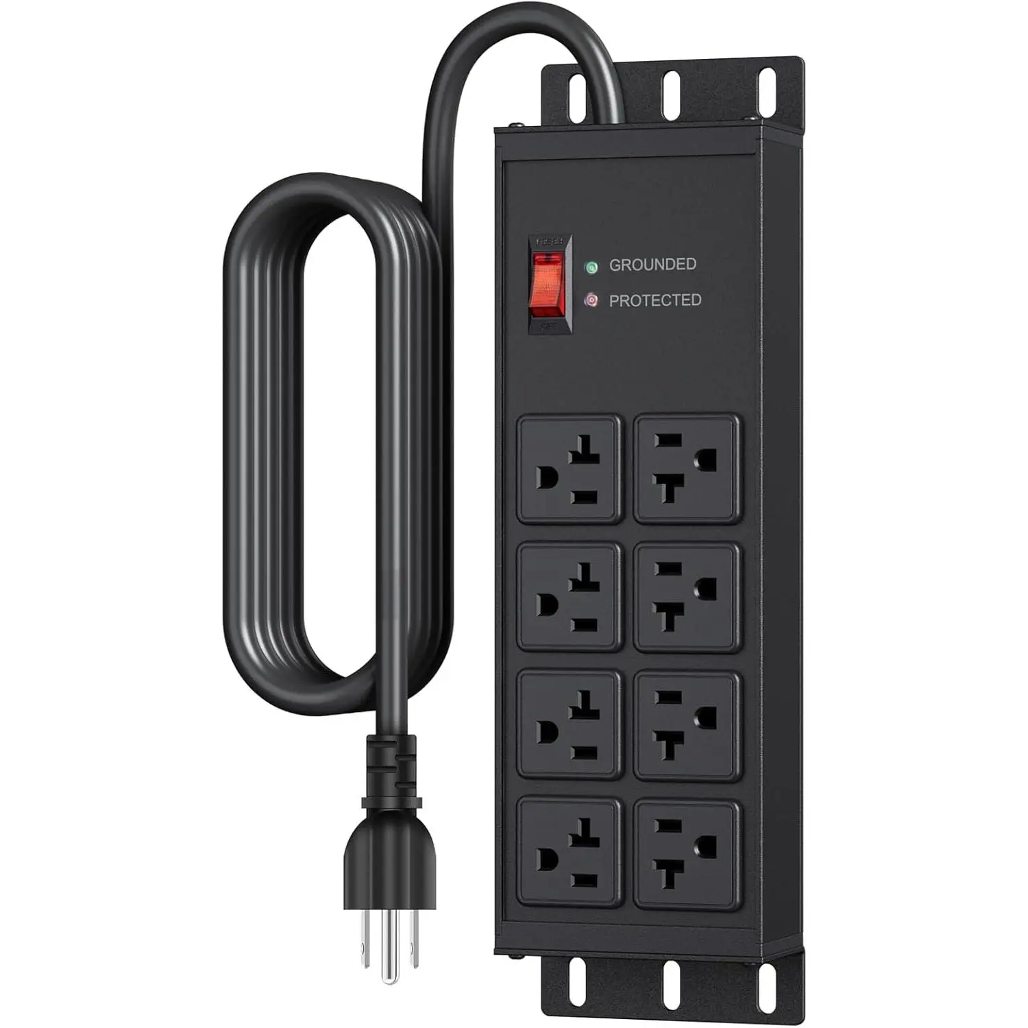 Heavy Duty Surge Protector, 12 Gauge Extension Cord, Black, 6 FT| Metal Wall Mount 8 Outlets Power Strip, High Amp Outlet Extender for Garage Industrial Shop, 4800J