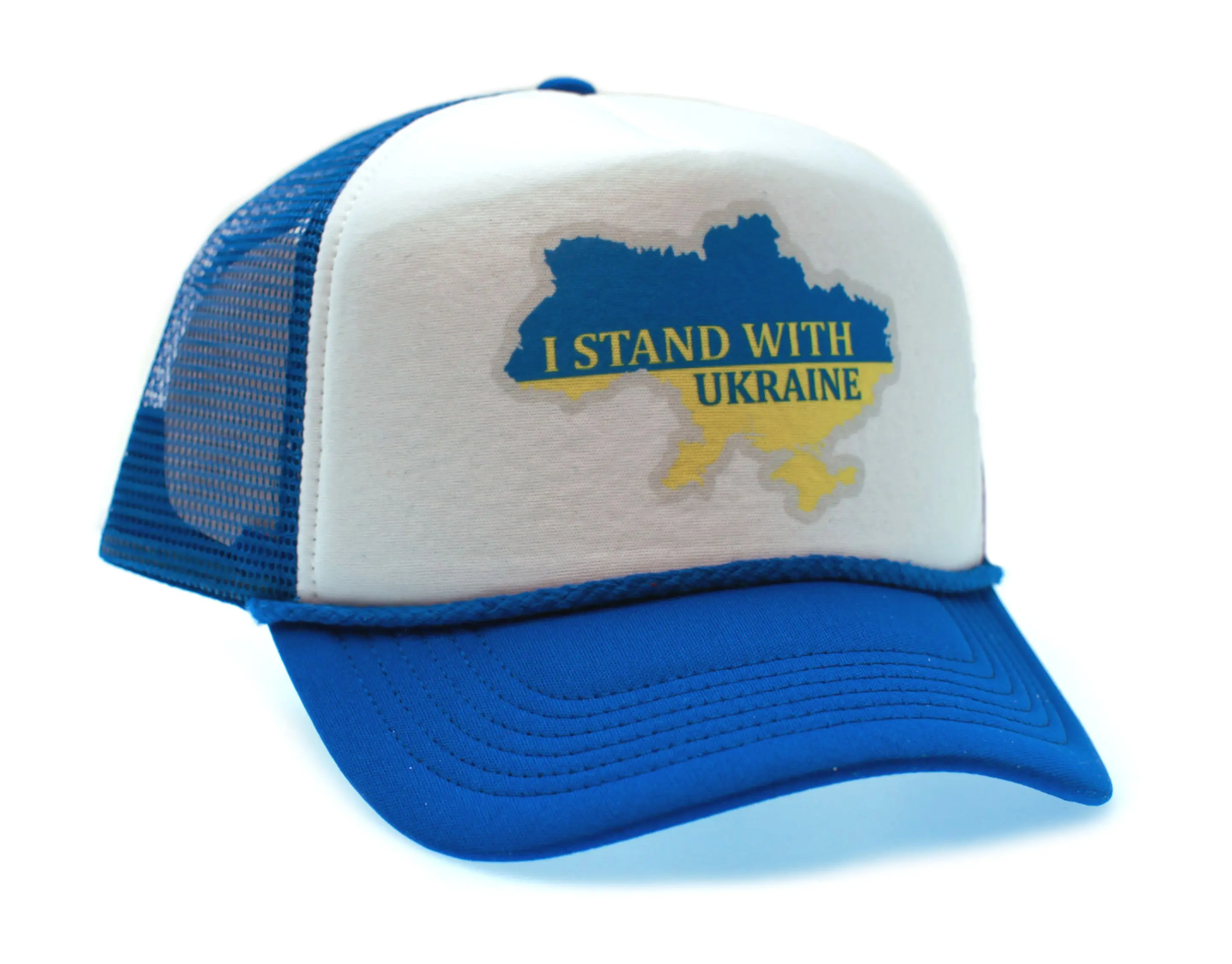 I Stand with Ukraine Hat Adult Unisex Adjustable Truckers Cap Royal/White