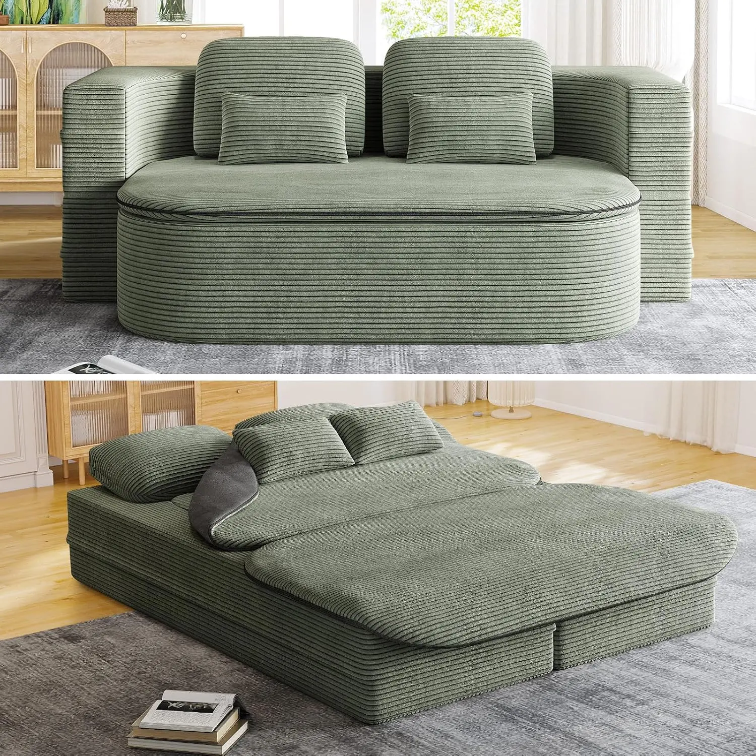Convertible Sleeper Sofa, Modern Folding Futon Corduroy Floor Foam Compression Loveseat Sofa Bed Couch, Foldable Full Size Guest Bed with 4 Pillows for Living Room Bedroom Apartment