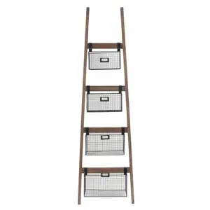 Wall Ladder Shelf & Bookcase with Wire Storage Baskets