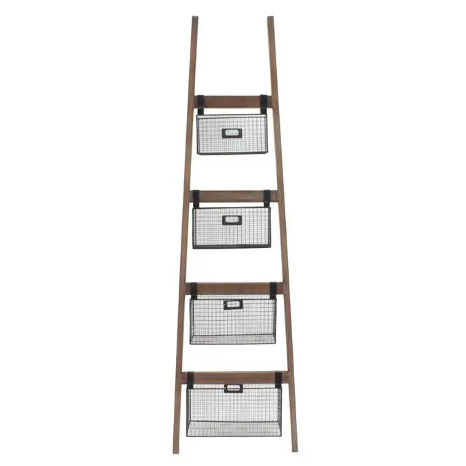 Wall Ladder Shelf & Bookcase with Wire Storage Baskets