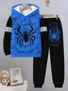 Boys Fashion Spider Pattern 3D Printed Hoodie Casual Set, Long Sleeve Sports Wear, Sweatpants, Spring Fall Winter Outdoor Hooded Sweatshirts