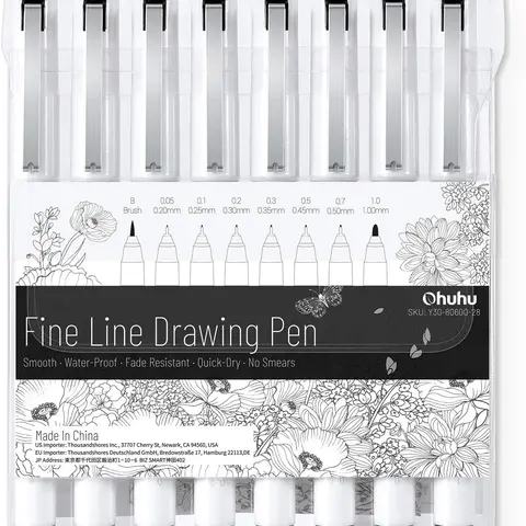 Ohuhu Fineliner Drawing Pens: 8-size (Ultra-fine, Fine & Brush) / 18 Packs Fineliners, Waterproof Micro Pens for Adults Artists & Beginners Drawing Sketching Bullet Journal Outlining - Fineliner Pens Series of Ohuhu