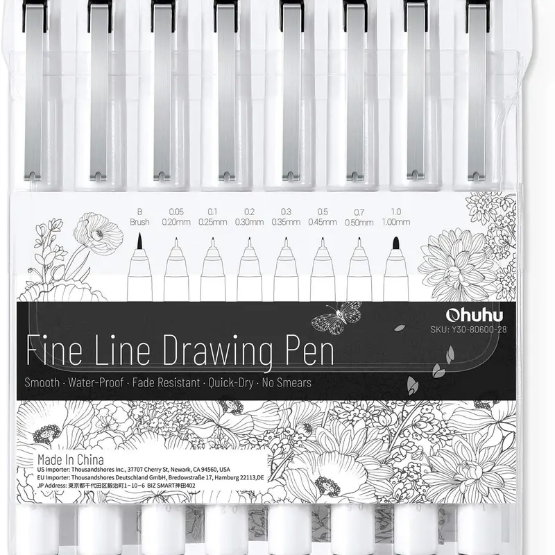 Ohuhu Fineliner Drawing Pens: 8-size (Ultra-fine, Fine & Brush) / 18 Packs Fineliners, Waterproof Micro Pens for Adults Artists & Beginners Drawing Sketching Bullet Journal Outlining - Fineliner Pens Series of Ohuhu