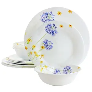 212 MAIN 12-Piece Ultra Tempered Opal Glass Tableware Set, High-Fired Plates with Colorful Violet Floral Print & Glossy Finish