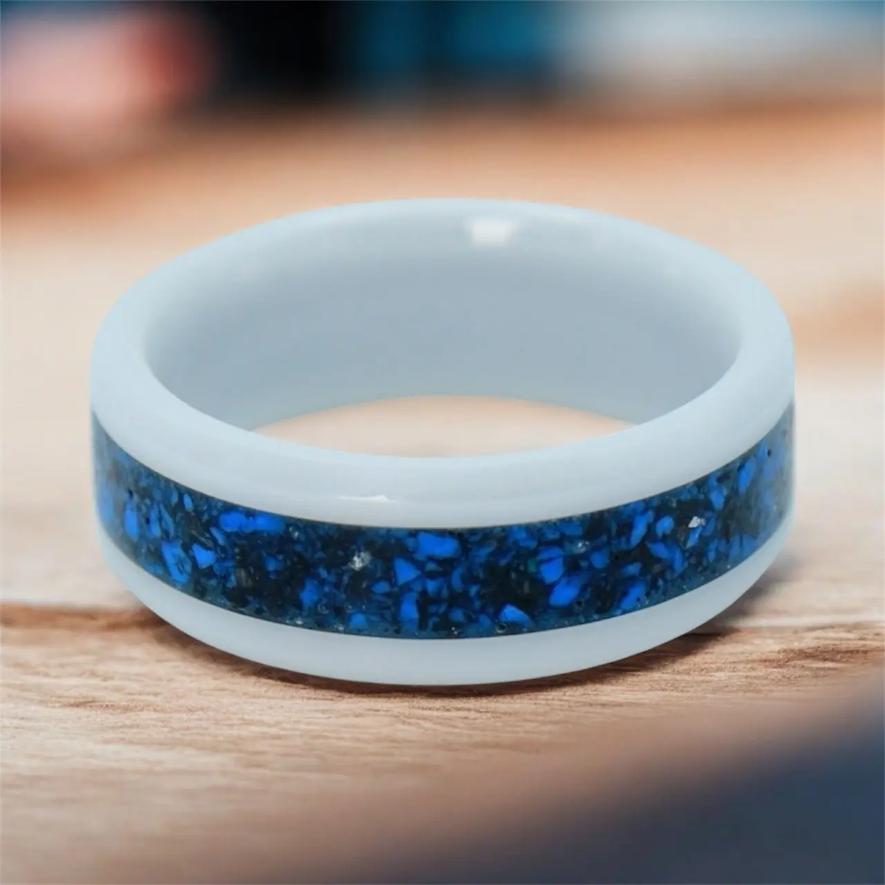 Venus Rings Frostwave Ceramic Ring White Ceramic Band with Blue Chrysocolla & Silver Leaf Inlay Unisex Jewelry 8mm Width Handcrafted Elegant Design