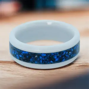 Venus Rings Frostwave Ceramic Ring White Ceramic Band with Blue Chrysocolla & Silver Leaf Inlay Unisex Jewelry 8mm Width Handcrafted Elegant Design