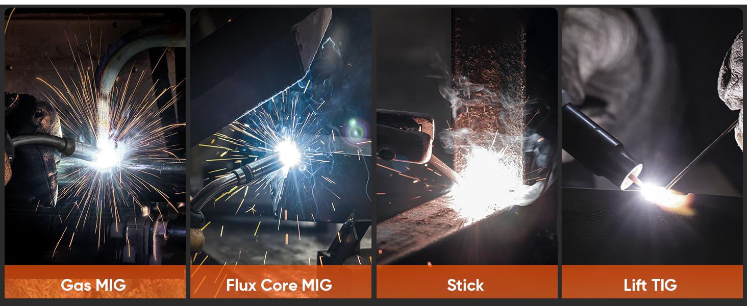 HZXVOGEN MIG185II 185A MIG Welder, 4 in 1 Gas MIG/Flux Core Gasless MIG/Lift TIG/Stick Welder, 110V 220V IGBT Inverter Synergy Multi Process Welding Machine Large LED Screen Display for Beginner