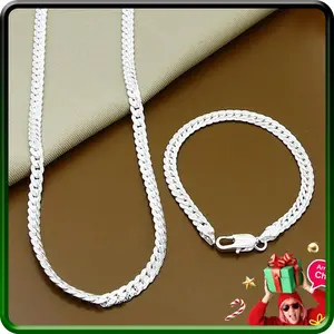 New Silver Plated 2 Pieces Full Sideways Chain Necklace Bracelet For Women Men Fashion Jewelry Sets Wedding Gift