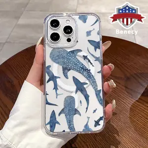 Whale Shark Wonders Pattern Phone Case for iPhone 15 16 14 Pro Max 13 12 11 XR XS Plus E Anti-Yellowing Shockproof Lightweight Transparent Acrylic Large Hole Soft Cover Supports Wireless Charging