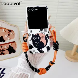 Cartoon Cute Little Black Cat Hinge Folding Case For Samsung Galaxy Z Flip7 FE Flip 6 5 4 3 7 Wrist Strap Lanyard Bracelet Cover