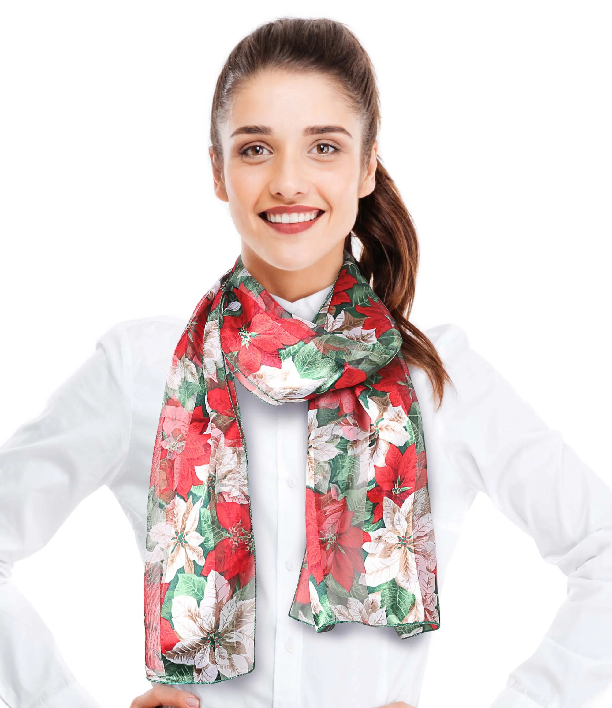 CBC Crown Women's Poinsettia Print Scarf in Silk-like Polyester, Lightweight for Casual Christmas Wear, Rectangular, Hand Wash, 13" x 60"