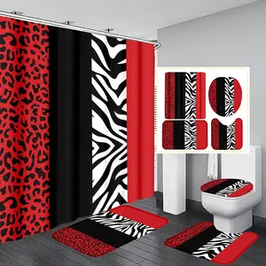 Leopard Zebra Pattern Bathroom Curtain Set, Polyester Insulated Home Decor, Includes 12 Hooks, Bath Mat, U-Shaped Pad, Round Toilet Cover Pad