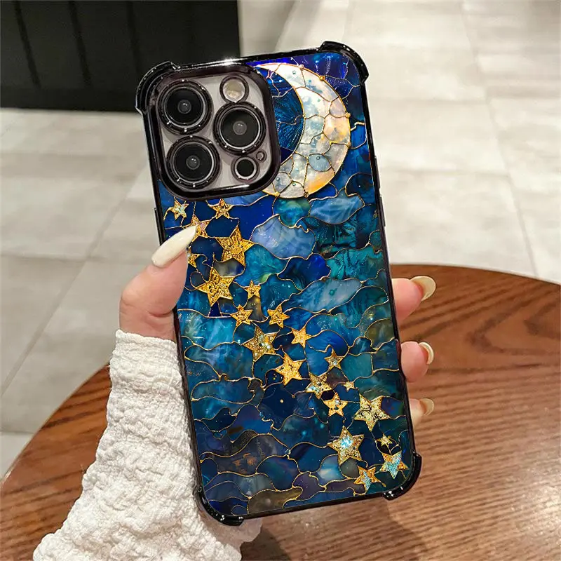 Creative Moon Stars Pattern phone case Suitable for iPhone 17/16/15/14/13/12/11 Pro Max Plus electroplated anti drop soft case phone case Protector Screen Protector Protection Protective Cover Smartphone Casing Cellphone Shockproof