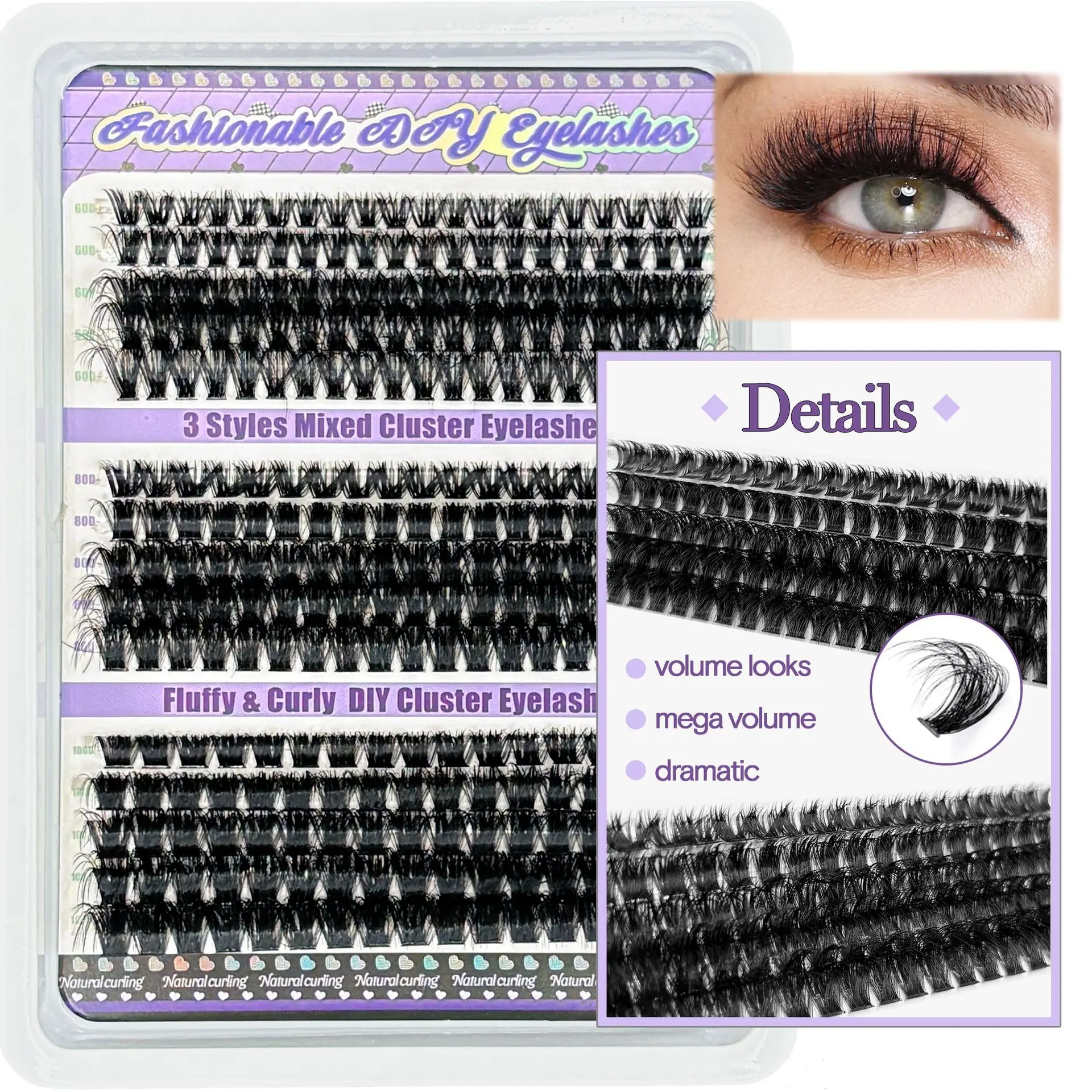 Lash Cluster Tray, 270 Pcs Reusable Fluffy Volume Lash Extensions, D Curl with 60D 80D 100D Mixed Densities for DIY Makeup, Eyelash Clusters, Dramatic Lashes Cosmetic