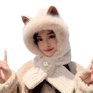 Fox Ear Hat Women's Autumn/Winter Fashion Outdoor Sports Cycling Scarf Cute Fleece Hat Integrated Hat