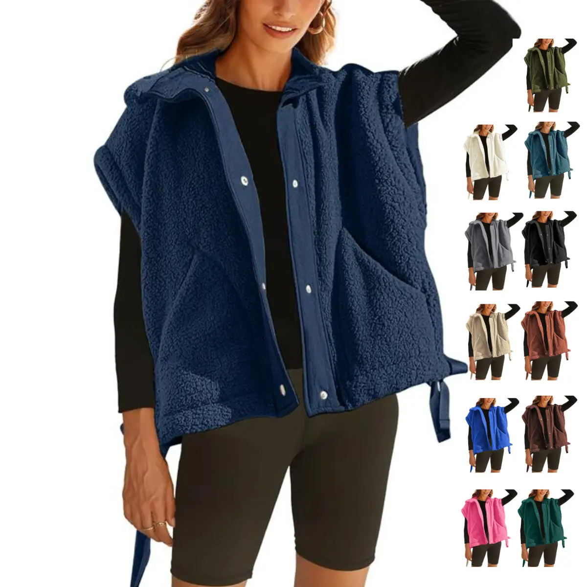 Ommig Women's Basic Boxy Fleece Vest - Casual Sleeveless Button-Front Sherpa Outerwear with Fabric Construction, Cinchable Hem, and Pockets, Outwear