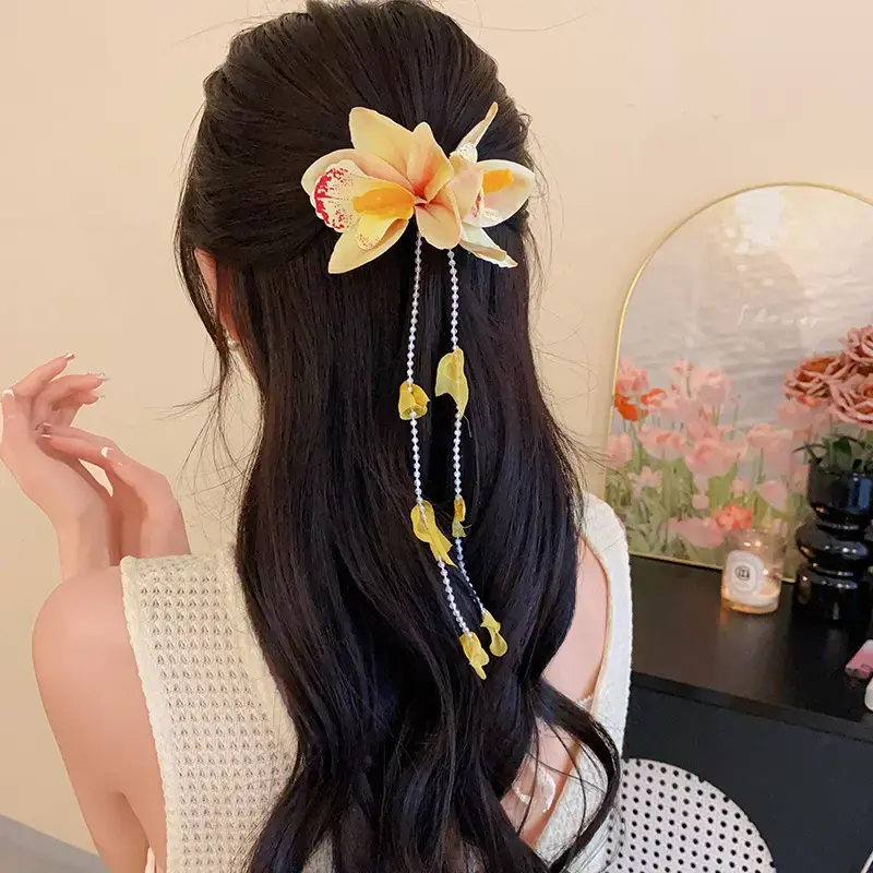 Yellow Fabric Flower Hairpins for Women Glass Beads Petal Tassel Spring Clips Sweet Romantic Hairgrips Holiday Hair Accessories Yellow Fabric Flower Hairpins for Women Glass Beads Petal Tassel Spring Clips Sweet Romantic Hairgrips Holiday Hair Accessories