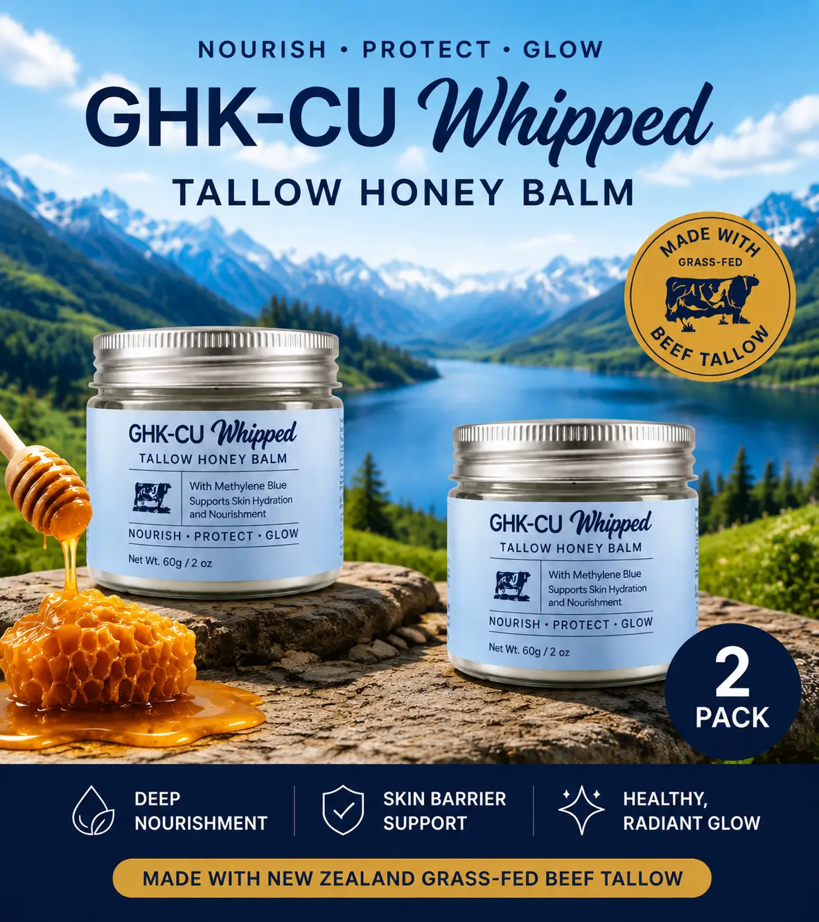 GHK-Cu Whipped Tallow Honey Balm - New Zealand Grass-Fed Beef Tallow, Manuka Honey, Copper Peptide - Smooth Daily Body Care Moisturizing Skin Repair Balm, 2 Pack, Moisture