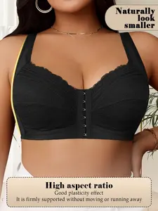 Women's Plus Size Lace Push-Up Bra, Full Coverage Front Closure Wireless Breathable Slimming Bra, Side & Tummy Smoothing Wide Straps Soft, Daily Wear
