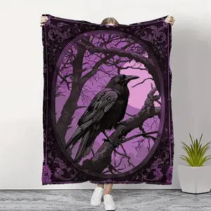 1pc Gothic Crow Print Flannel Blanket - Soft Warm All-Season Throw with Purple Raven & Tree Silhouette Design, Ornate Gothic Border for Office, Camping, Travel - Machine Washable Cozy Gift