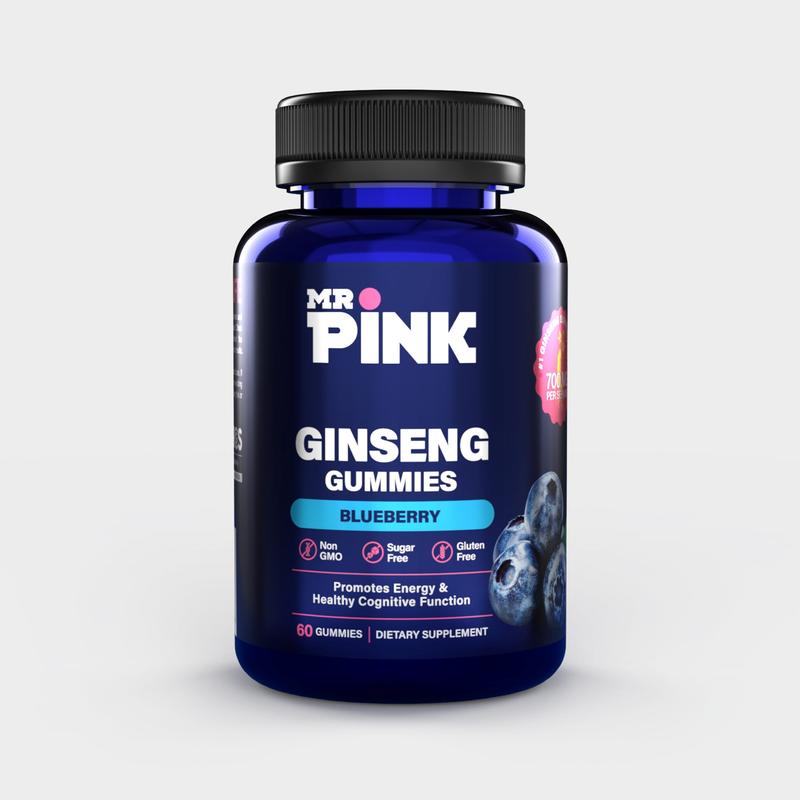 Natural Ginseng Gummies for Energy | Focus Brain Health & Stress Relief | Non-GMO, Sugar Free |  Blueberry Flavor |Boost Energy & Stamina |  Dietary Supplement by MR. PINK