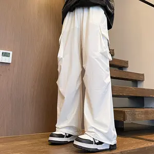 Unisex Wide Leg Cargo Pants, Ice Silk Cool Fabric, Loose Straight Fit, Plus Size With Pockets