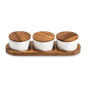 Condiment Serving Set  3 Ceramic Bowls with Lids  13" x 3.75" Tableware Square Wooden Porcelain