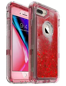 MXX iPhone 8 Plus Case, iPhone 6S Plus, Glitter 3D Bling Sparkle Flowing Liquid Case Transparent 3 in 1 Shockproof TPU Silicone Core + PC Frame Case Cover for iPhone 7 Plus/ 8+ (Clear/Red)
