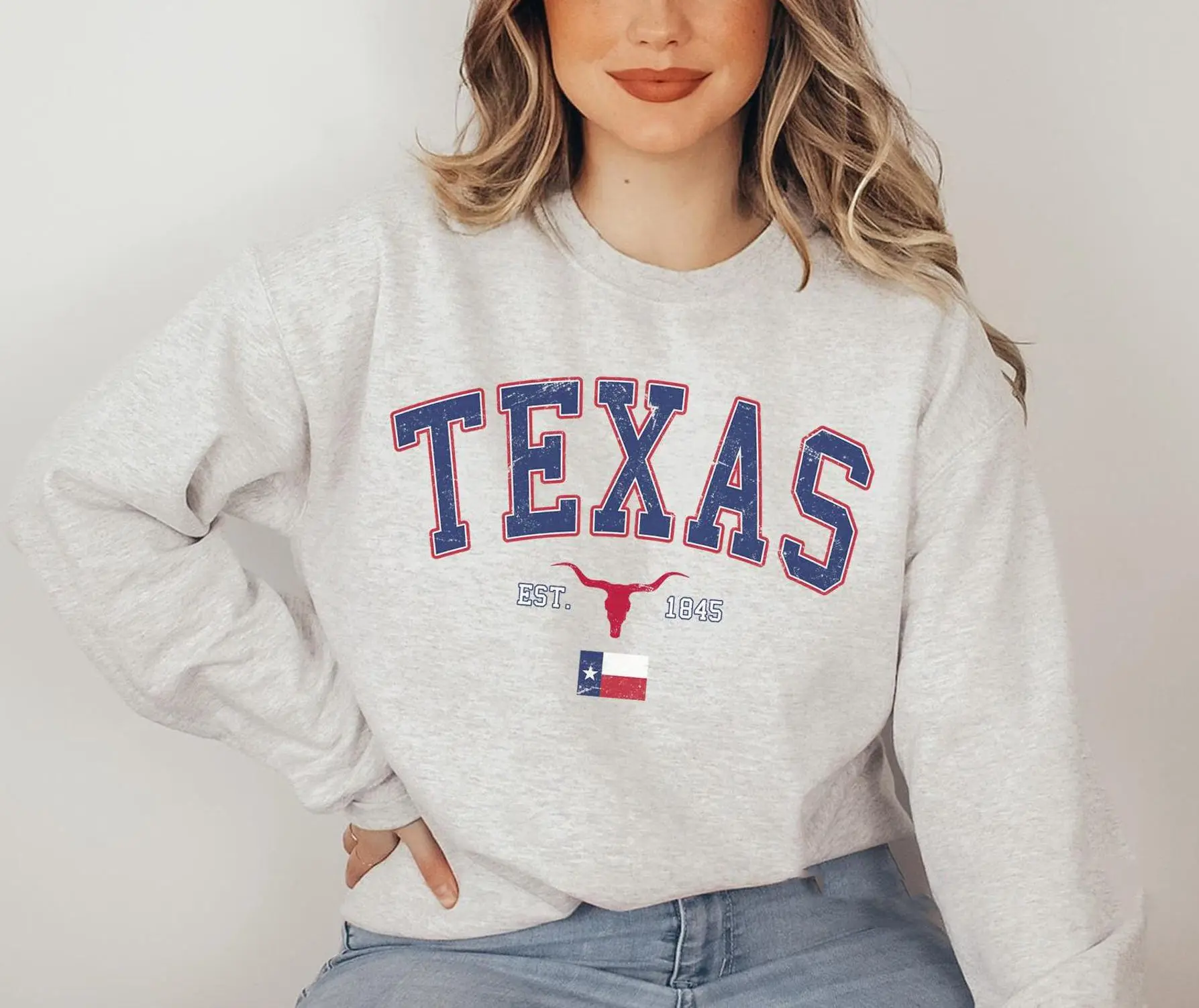 Texas Longhorn Sweatshirt, Vintage Style Texas Sweater, Texas Vacation Gift, Texas Sports Fan, Texas Flag Sweater Cotton Unisex