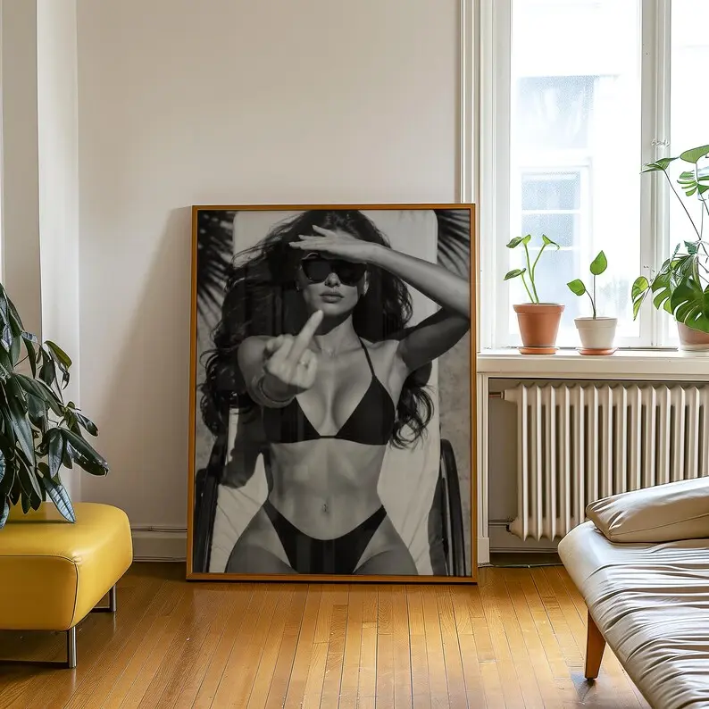 Edgy Middle Finger Bikini Poster, Girl Black and White Photography [UNFRAMED]
