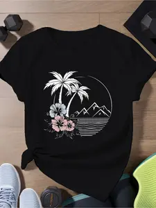 White Palm Tree T-Shirt - Loose Fit Short Sleeve Crew Neck Top with Geometric Palm Tree Print, Casual Beachwear & Everyday Outfits, Machine Washable All- Comfortable Shirt