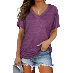 Womens Summer T-Shirts Short Sleeve V Neck Dolman Tops with Side Shirring Loose Fit Shirts Spring Fashion
