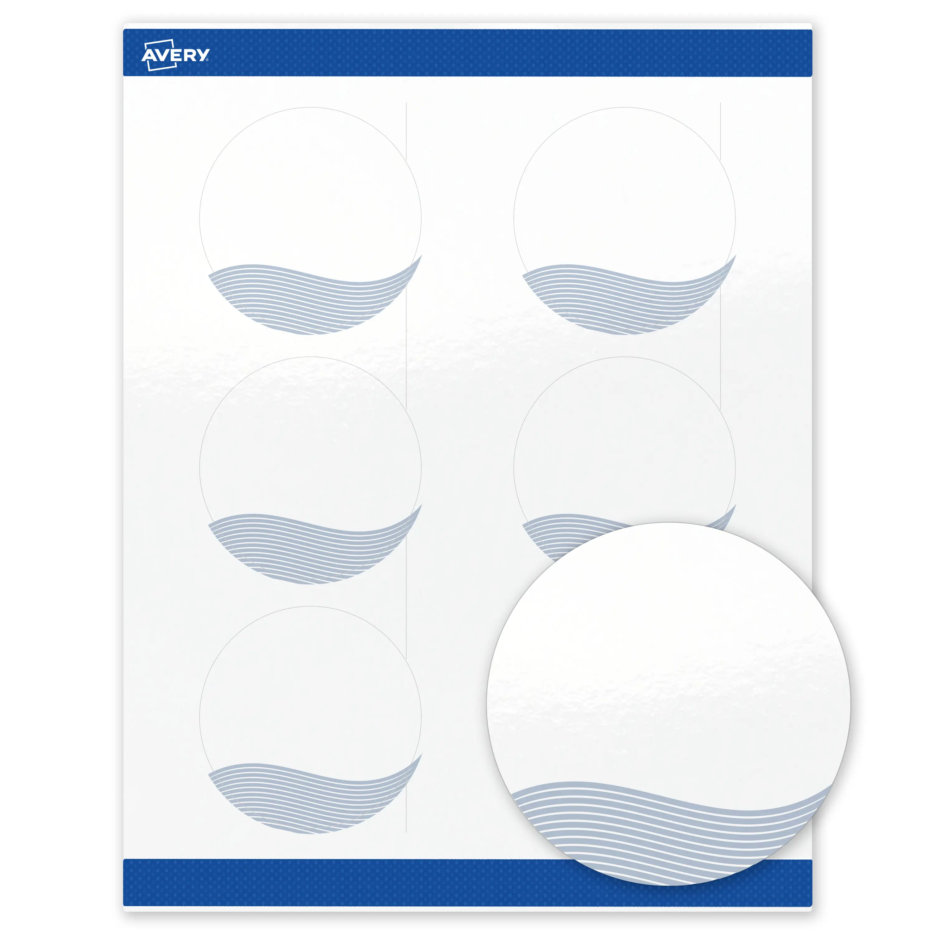 Avery Printable Round Labels, 3" Diameter, Glossy White, Pre-printed Blue Waves Design, Sure Feed Technology, Laser & Inkjet Compatible, 120 Total, Great for Branding, Marketing, and Events