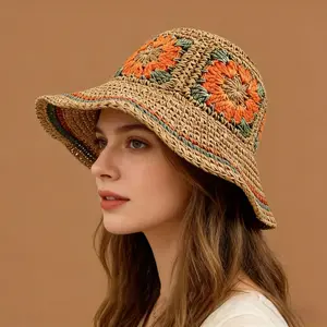 Jacquard Ethnic-Style Foldable Hand-Woven Straw Fisherman Hat, Hats for Women, Stylish Sun Protection, Multi-Functional for Casual Outings, Beach Trips