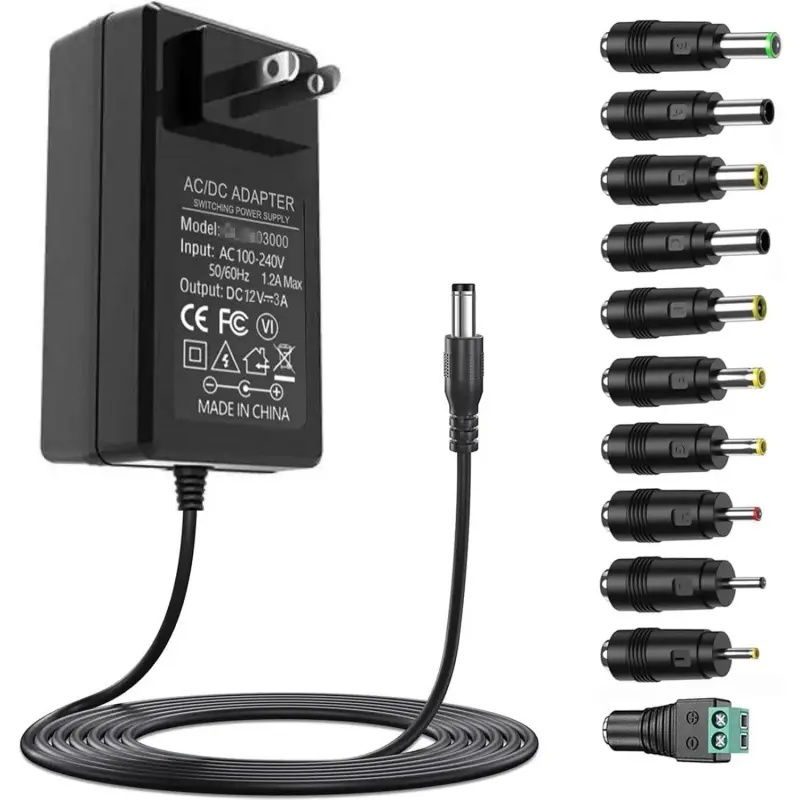 12V 3A 36W Fireproof Shell Power Adapter Charger - AC100V-240V to DC12V, 11 Changeable DC Plug Tips (5.5mm x 2.1mm Included), CE/FCC/DOE VI Certified, Overload-Safe for 2.5A/2A/1.5A/1A Devices, Power Cord for Switches, Routers, Audio-Video Gear